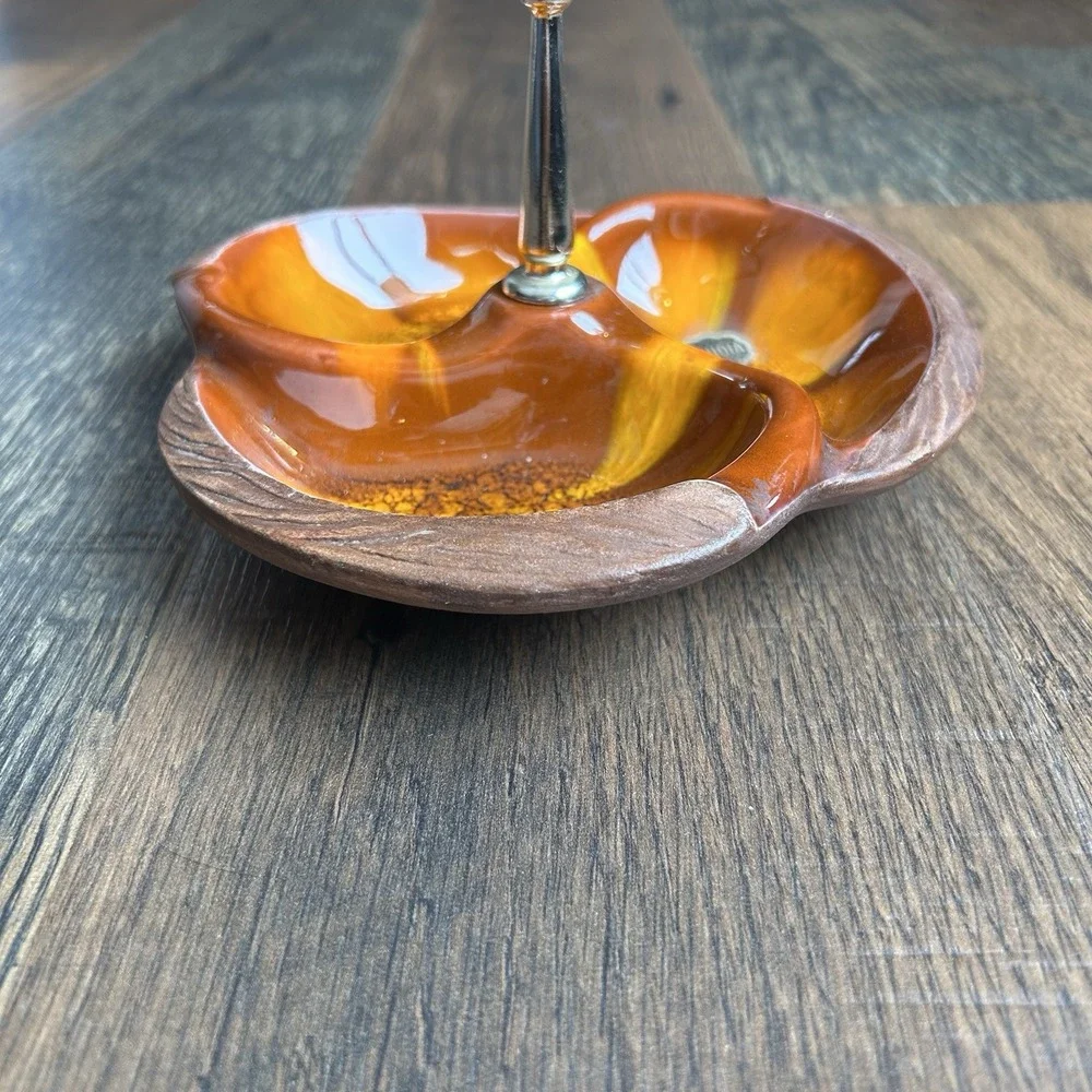 Vintage MCM Sequoia Ware Orange Drip 3 Section Nut Candy Dish #618